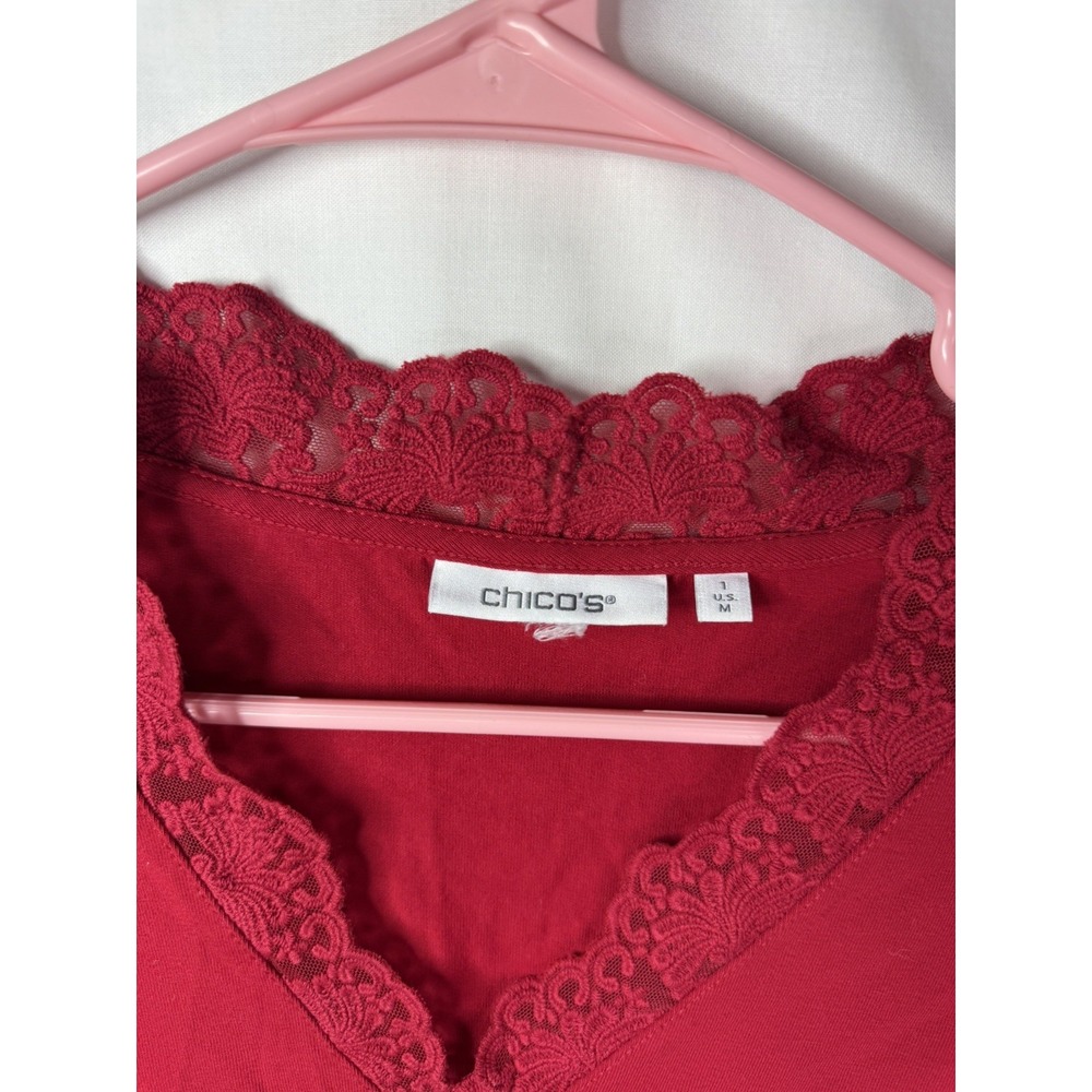 Women's Chicos Top Sz 1 US M Red Lace Accents Balloon Satin Sleeve V Neck - Picture 7 of 10